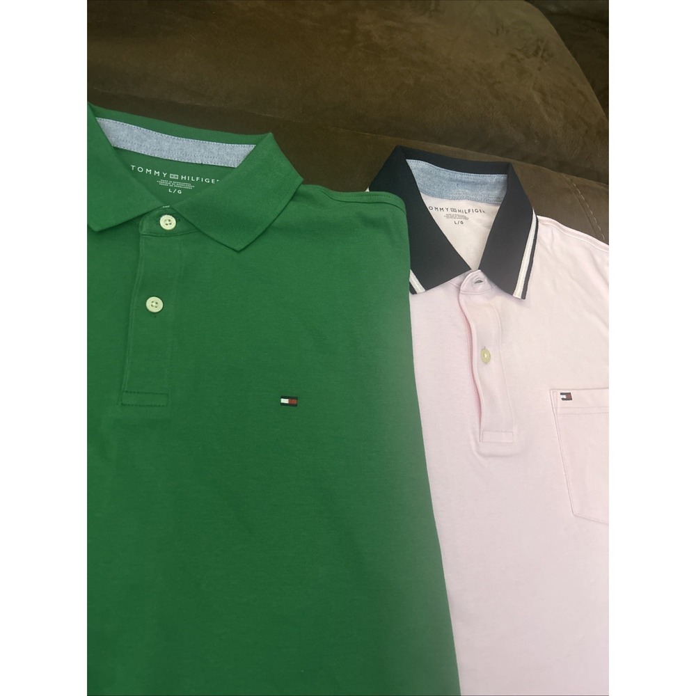 Tommy Hilfiger Polo Mens Shirt L Short Sleeve Cotton Green/Pink Lot Of 2